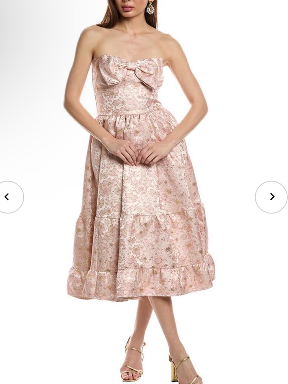 Fate Strapless Bow-Front Floral Midi Dress in Blush and Gold